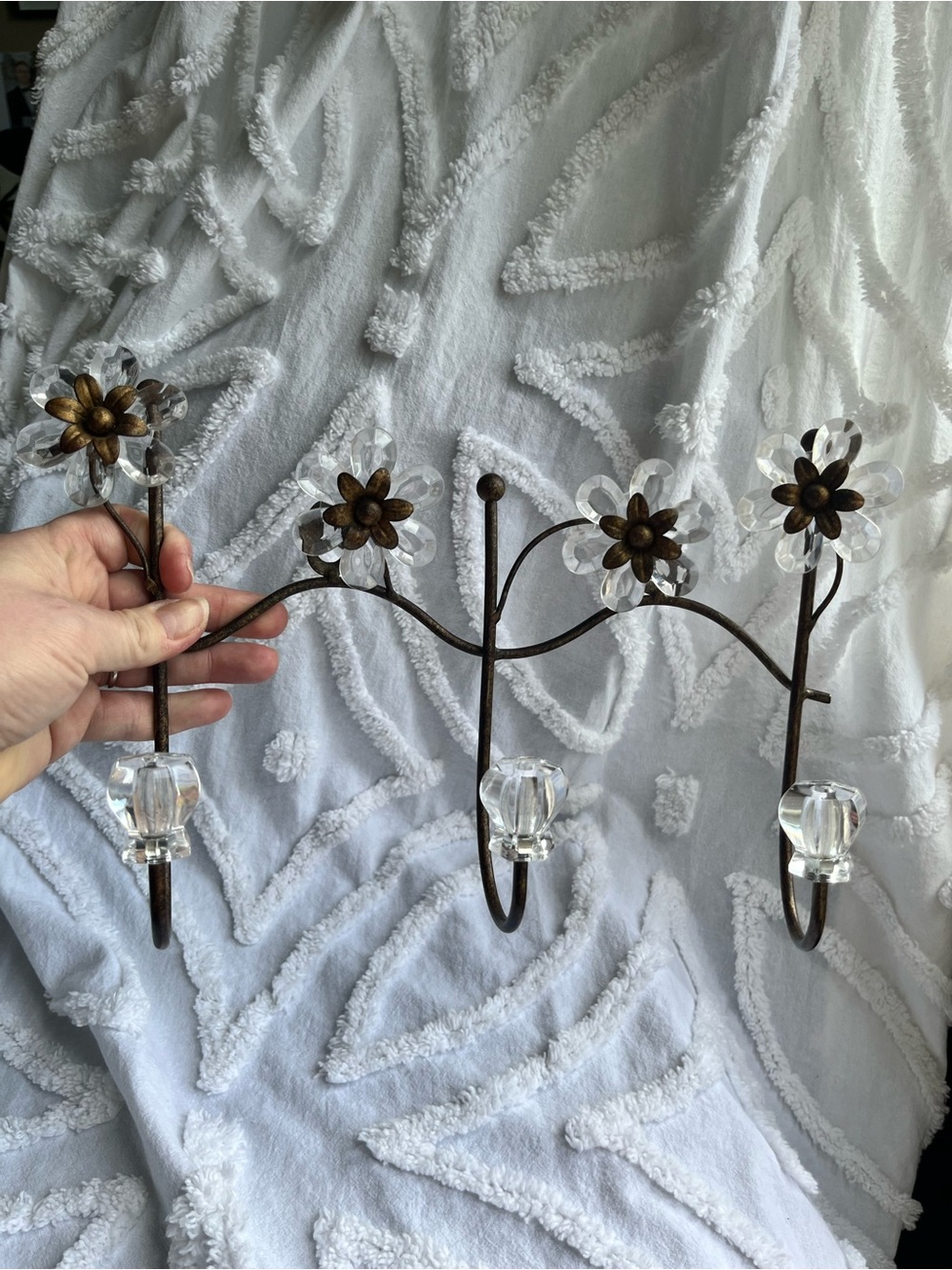 Vintage Hollywood Regency Floral Metal and Crystal Wall Hook Rack Rustic Bronze